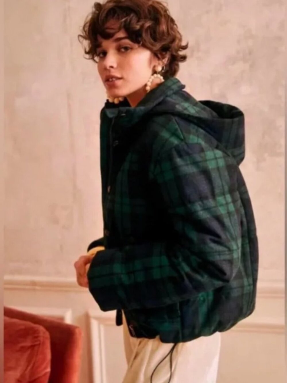 Sezane plaid wool blend Java Puffer Coat - Picture 6 of 8